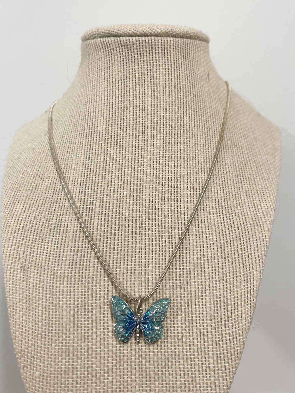 Blue Glitter Butterfly Pendant Necklace Sparkling Charm Silver-Tone Chain Fairy